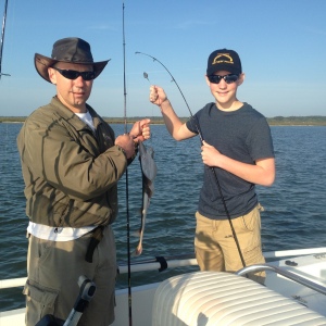 Mark & Michael Sandrin. Mark has a not too common guitar fish. Michael has a whiting.