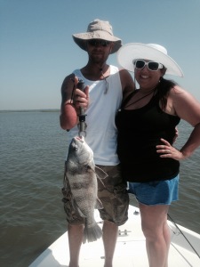 Johnny and Angie Toney with nice black drum. The guys were catching black drum and flounder and one big bull shark.