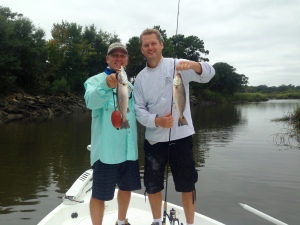 Scott Owens and Christian Kruse catching some seatrout and reds on an overcast day! Looks like an early fall season!