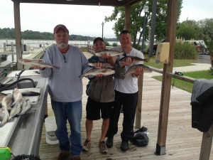 Larry Spears, Tony Tuttle and Glenn Honerline with a nice catch of seatrout and redfish! The guys released a bunch.