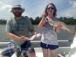 Jay Coats & Ellen with a nice seatrout and redfish. The guys had nice catch of reds and seatrout! Some large bonnet head sharks are prowl as well.