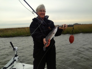 Sally Bailey catching a nice seatrout on the fly.