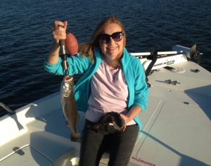 Cathy with a couple nice seatrout caught 1/4 oz. jig and live shrimp.