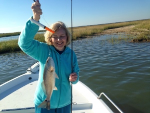 Cathy with a schoolie red
